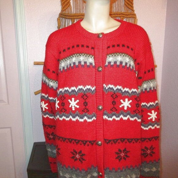 Vtg Neckworks 3D Knit Cardigan Sweater Size XL Alpaca Wool Fair Isle Snowflakes - Picture 2 of 11